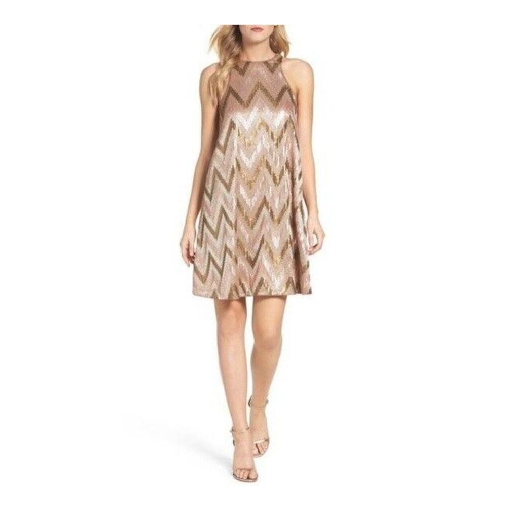 NWT Aidan Mattox Size 4 Sequin Chevron Pattern A-Line Mini Dress Beige $230